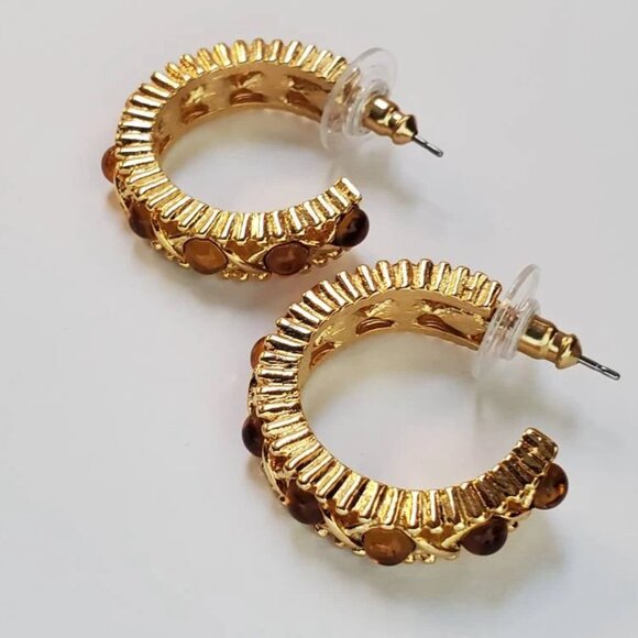 Signed Joan Rivers 3/4 Hoop Earrings with Gold tone and Amber tone Beads - Picture 7 of 10